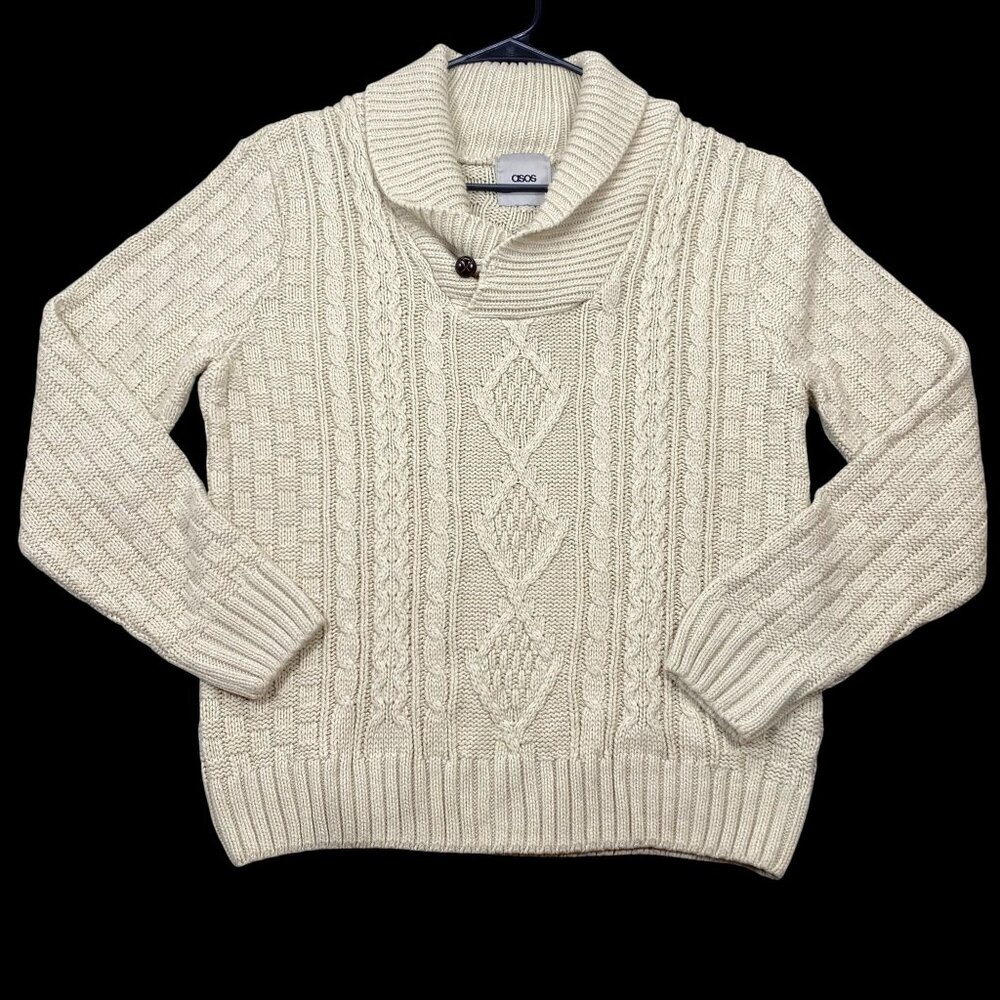 ASOS Womens Cable Knit Sweater Shawl Collar Small Beige Long Sleeve Pullover